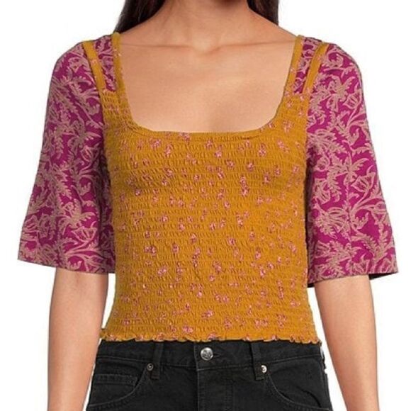 NWT Free People Floral Print Smocked Top size M - Picture 1 of 8